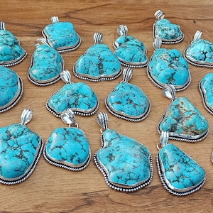 Colgante de turquesa tibetana: hecho a mano en plata de ley 925, piedra preciosa grande. Regalo ideal para el Día de la Madre.