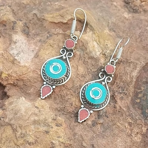 Turquoise Earrings Red Coral Earrings Tibetan Silver Earrings Dangle & Drop Earrings Handmade Charm Nepali Earrings Anniversary Gift For Mom