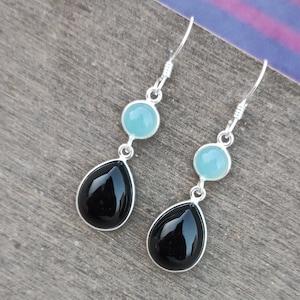 Natural Black Onyx Calcite Earrings/925 Sterling Silver Earrings/Handmade Earrings/Two Stone Earrings/Black Onyx Silver Earring/Gift For Her