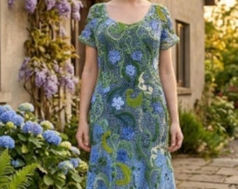 Handmade Irish Crochet Blue Cotton Dress, Elegant Lace Gown, Boho Summer Evening Wear