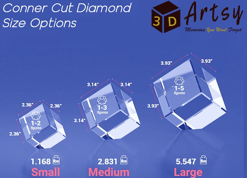 Puede incluir: Opciones de tama&ntilde;o de diamante Conner Cut. El cubo peque&ntilde;o mide 6 cm x 6 cm y puede contener 1-2 figuras. El cubo mediano mide 8 cm x 8 cm y puede contener 1-3 figuras. El cubo grande mide 10 cm x 10 cm y puede contener 1-5 figuras.