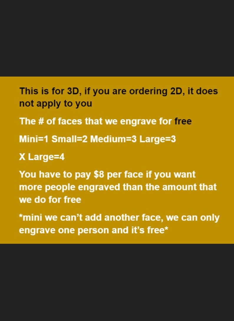 Puede incluir: Texto sobre un fondo color mostaza que detalla los servicios de grabado. Especifica el n&uacute;mero de caras gratuitas para diferentes tama&ntilde;os (Mini, Small, Medium, Large, X Large) y el coste de caras adicionales.
