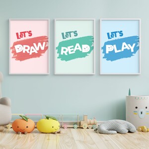 Nursery Set of 3 Prints INSTANT DOWNLOAD, Lets Draw Lets Read Lets Play Printable Art, Kids Room Decor, Kids Quotes, Kids Playroom Art Print