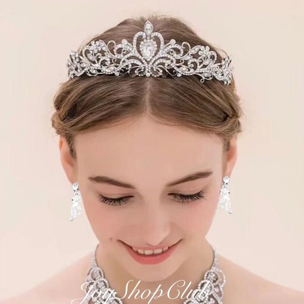 Wedding Crown for Bride, Bridal Tiara Set, Bridal Crown, Wedding Tiara Set, Necklace Earring, Crystal Silver Diamond Crown, Princess Party