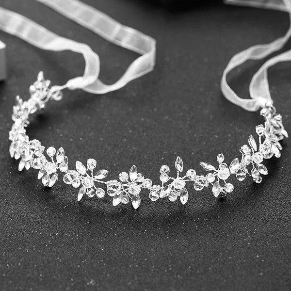 Wedding Headband For Bride, Bridal Crystal Flower Hair Vine, Wedding Headpiece For Bride, Hair Wreath With, Crystal, Diamonds, Silver