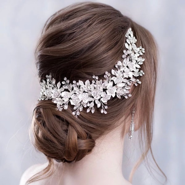 Wedding Headpiece for Bride, Bridal Floral Headpiece, Headband, Wedding Hair Comb Clip, Wedding Hair Piece, Vine, Crystal, Diamonds, Silver