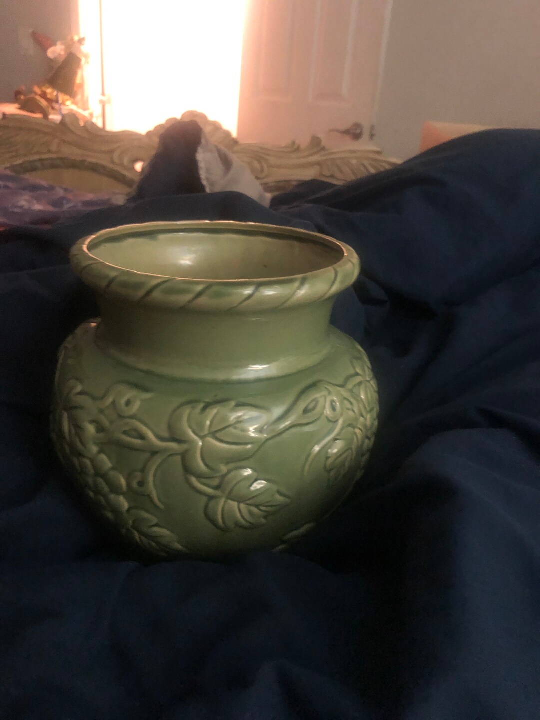 Vintage Hosley Potteries Green Glazed Vase With Grapes Etsy