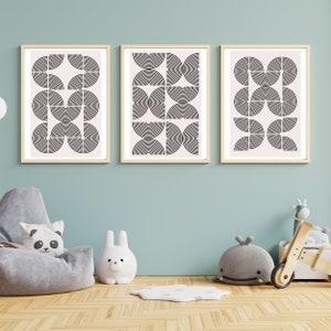 Geometric Wall Art Set of 3 - Minimalist Abstract Line Art Prints - Modern Black and White Digital Download - Mid Century Printable Decor