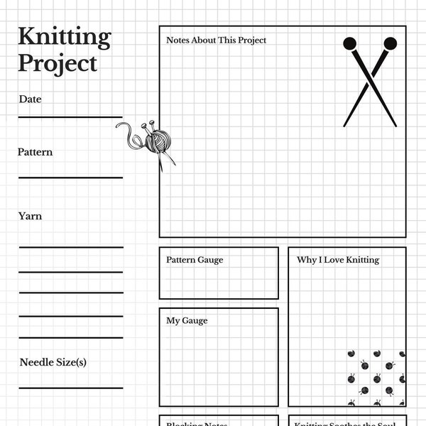 Knitting Project Planner, Knitting Monthly Planner, Knitter's Daily Journal Prompts and a Grid for Your Own Designs