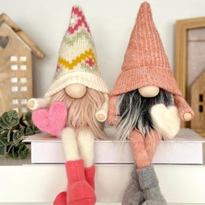 Valentine&#39;s day gnome holding heart, Valentines day decoration, Gift for her, Valentines gift basket, Shelf sitter gnome with dangling legs