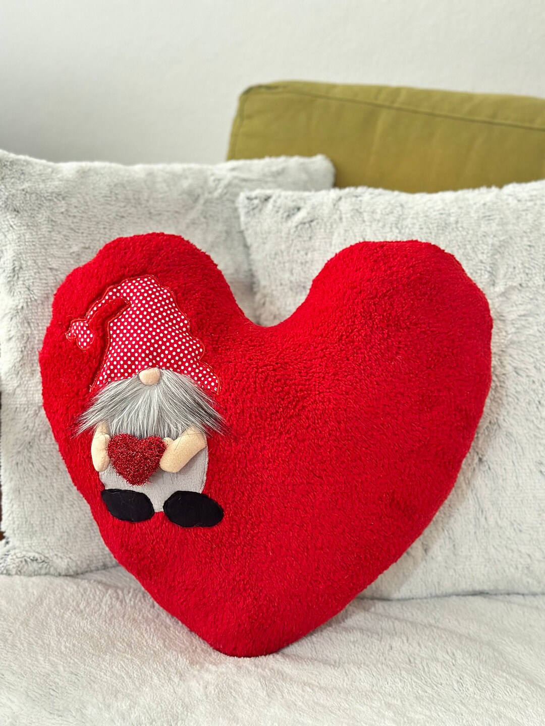 Valentine Heart Gnome Pillow Heart Cushion With Gnome Embroidered