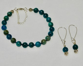 Ensemble Perle bleu Apatite bracelet et boucle d'oreille fait main - Handmade Blue Apatite bracelet and earring set