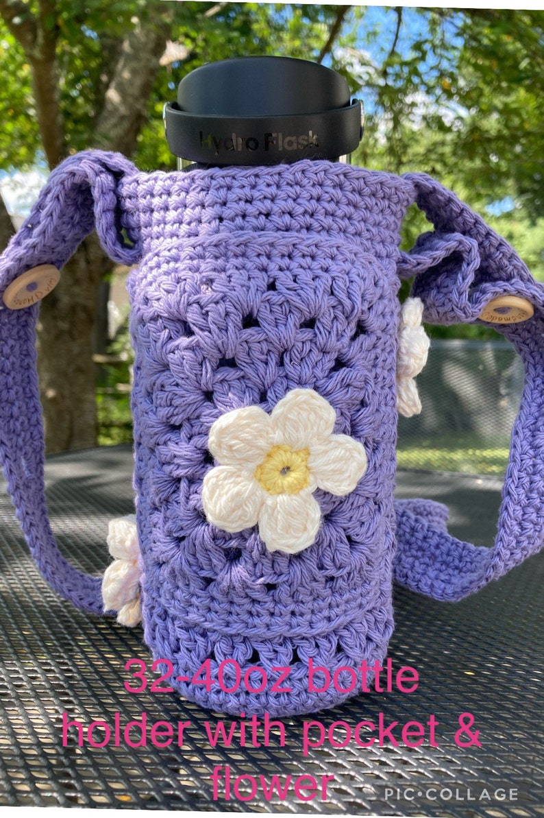 Water bottle holder,handmade water bottle carrier,crochet water bottle holder,crossbody,adjustable strap,drink cozy,bottle holder w/ pocket. image 3