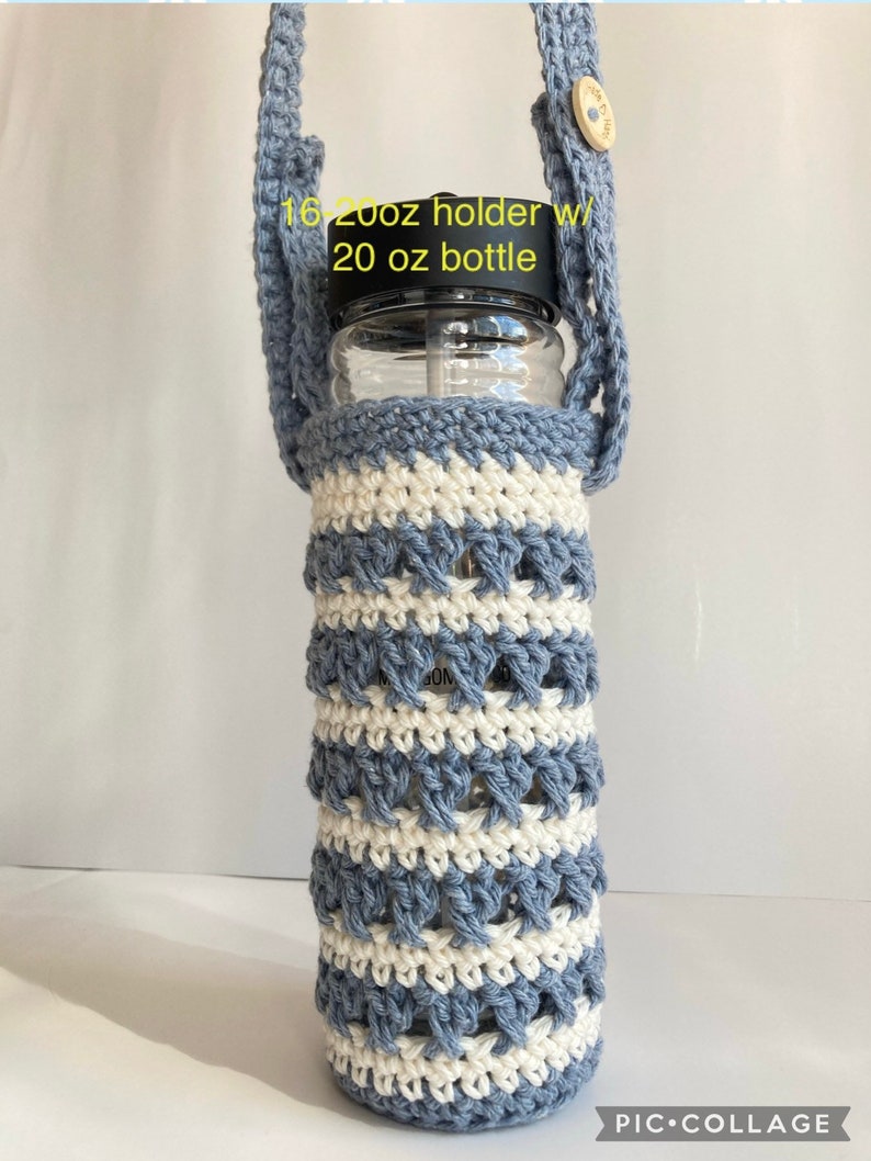 Water bottle holder,handmade water bottle carrier,crochet water bottle holder,crossbody,adjustable strap,drink cozy,bottle holder w/ pocket. image 8