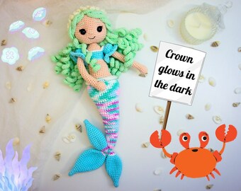 Mermaid Princess doll with glow in the dark crown Crochet baby doll Unique gifts for kids