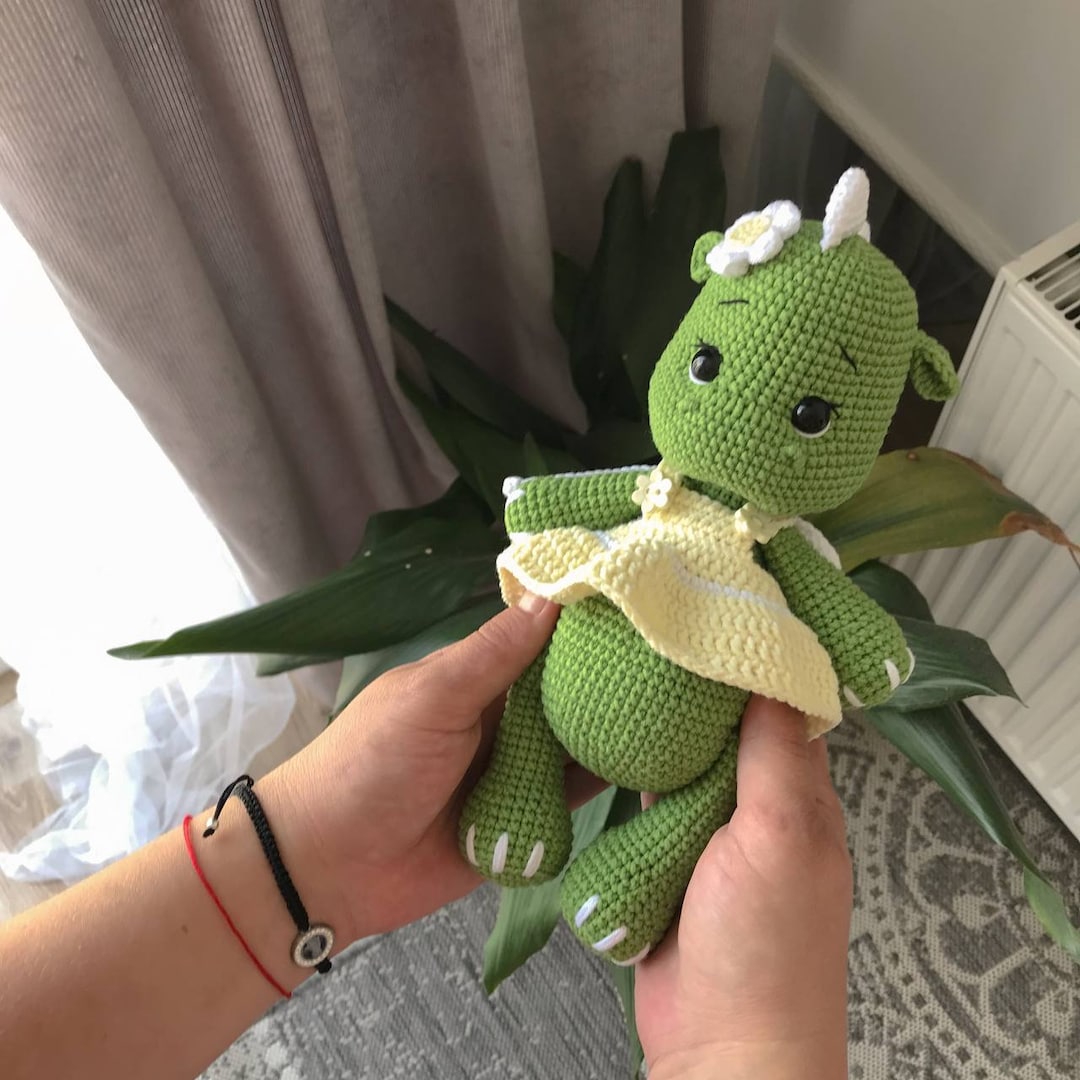 Green Dragon Plush Toy Dragon Girl in Yellow Dress With Daisy and Wings ...