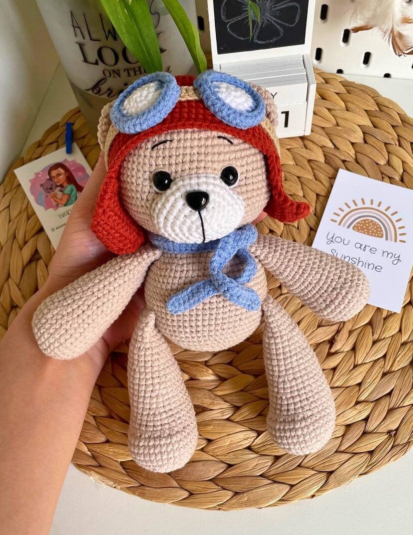 Pilot Teddy Bear Crochet Aviator Stuffed Animal Pilot Bear in