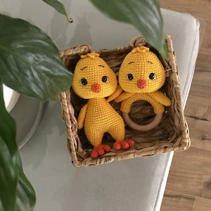 Сhicken Crochet baby gift basket Baby rattle and toy Congratulation new baby set