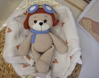 Teddy bear Aviator Crochet animals Pilot bear in helmet New baby boy gift 23 cm\9 in