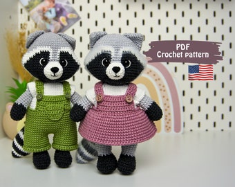 Amigurumi motif rochet 2 en 1 raton laveur (garçon et fille), motif animal mignon - PDF anglais