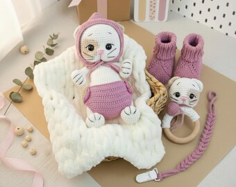 Newborn Gift Basket: Crochet Cat Toy, Pacifier Clip, Booties 0-3 Months, Baby Rattle. New Mom or Baby Shower Gift