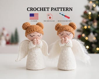 May include: Two crocheted angel dolls with light pink faces, tan hair in buns, and white dresses with wings. The text CROCHET PATTERN, US TERMS, PDF DOWNLOAD, and BEGINNER FRIENDLY is displayed above the dolls with corresponding icons.