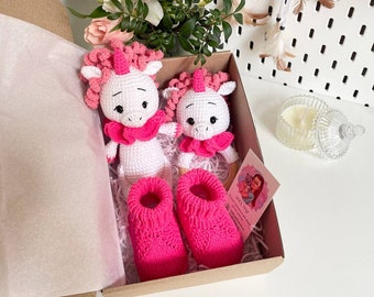 Unicorn Crochet baby gift set (Unicorn toy,Rattle and Baby booties) Castom gift box for new mom Handmade crochet baby toys