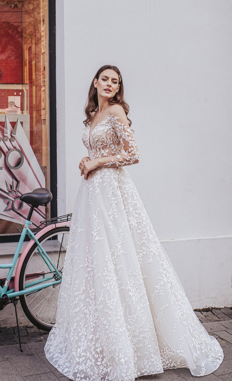 Boho/bohemian long sleeve branches lace backless wedding dress | Etsy