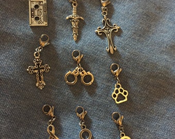 Bag/Shoe Charms on Lobster Clasp. Various Charms, Cross, Tape, Venus, Mars, Ribbon, Wearable Charms.