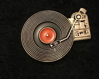 Black & Chrome Enamel Pin Badge. Record Player. LP. Disc Player. Music. Vinyl Disc Player. With Silver Butterfly Clasp