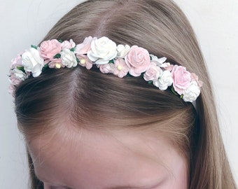 Blush pink and white flower girl headband crown | Bridesmaid hair accessories  | Wedding hair