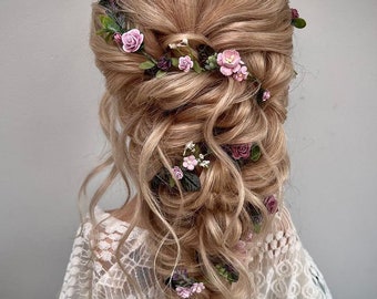 Enredadera de pelo de boda de flores/accesorios de pieza de pelo de novia/corona de flores de boda púrpura lila
