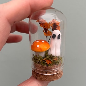 May include: A miniature Halloween-themed terrarium in a clear glass jar. Inside, a white ghost figure and an orange mushroom with white spots sit among dried leaves and moss. The jar has a cork base.