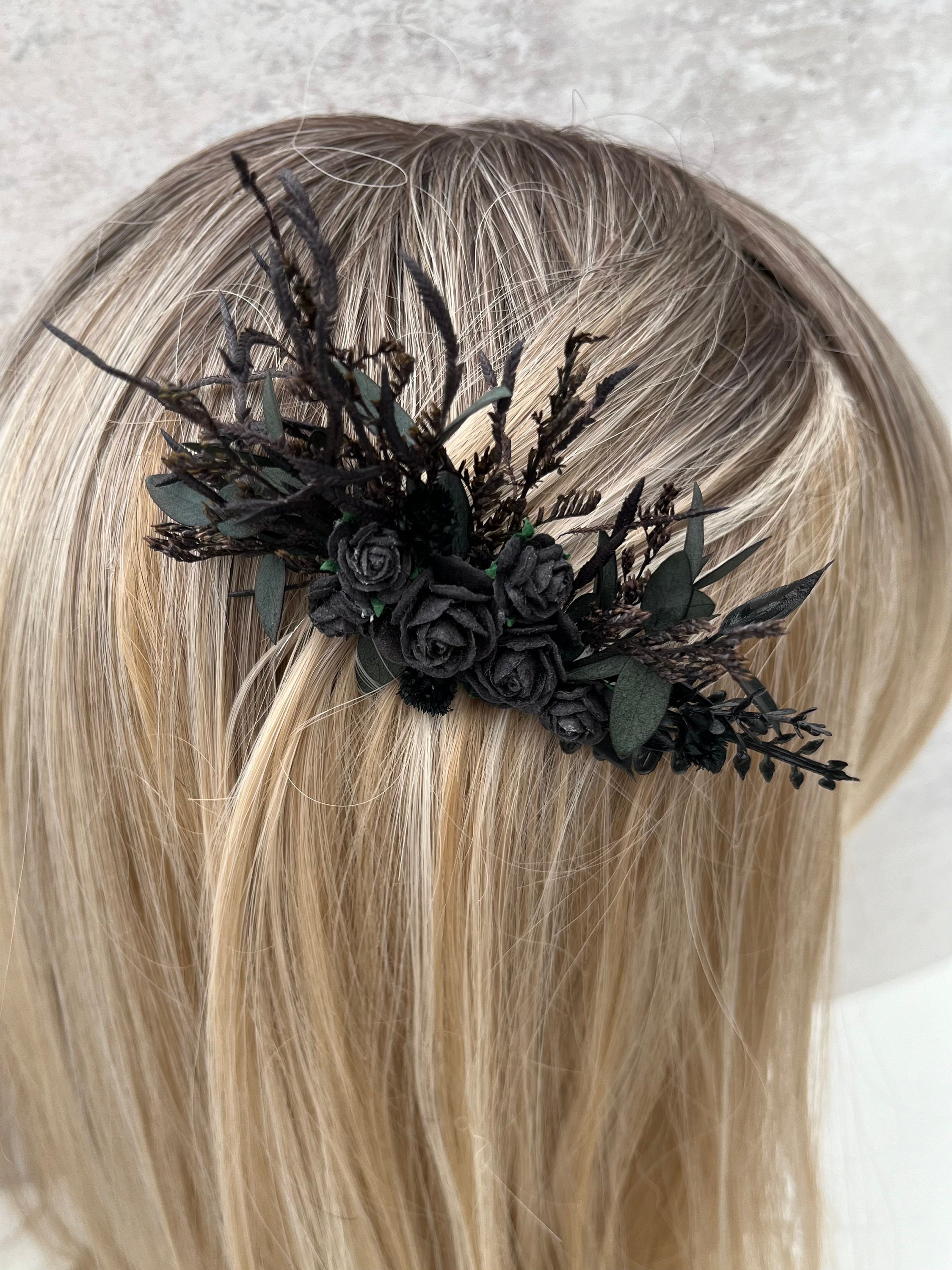 YERTTER Haarkamm Für Hochzeit – Mit Schwarzen Kristallblättern, Schwarz-Gold, 12 Cm Lang