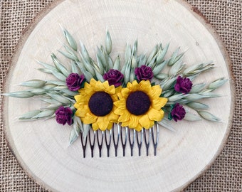 Sunflower hair comb / bridal bridesmaid floral hair piece  / Dried flower hair comb / Wedding hair accessory