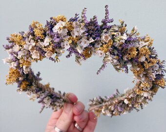 Dried Flower Crown / Purple White Boho Headband / Festival Hair / Wedding Hair