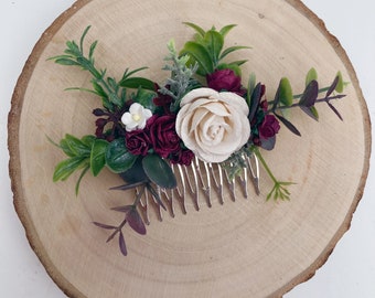 Flower Hair Comb / Bridesmaid Hair Comb / Bridal Hairpiece / Burgundy Flower Comb