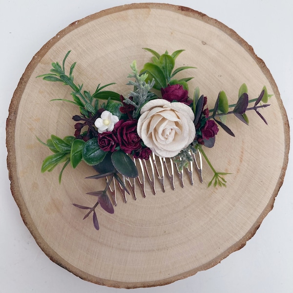 Flower Hair Comb / Bridesmaid Hair Comb / Bridal Hairpiece / Burgundy Flower Comb