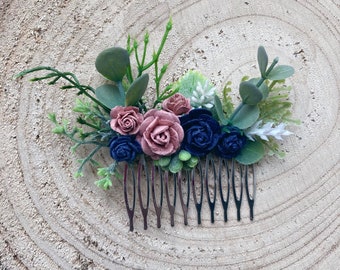 Flower hair comb / dusky pink and navy hair comb / bridal bridesmaid wedding floral hairpiece / wedding hair accessory