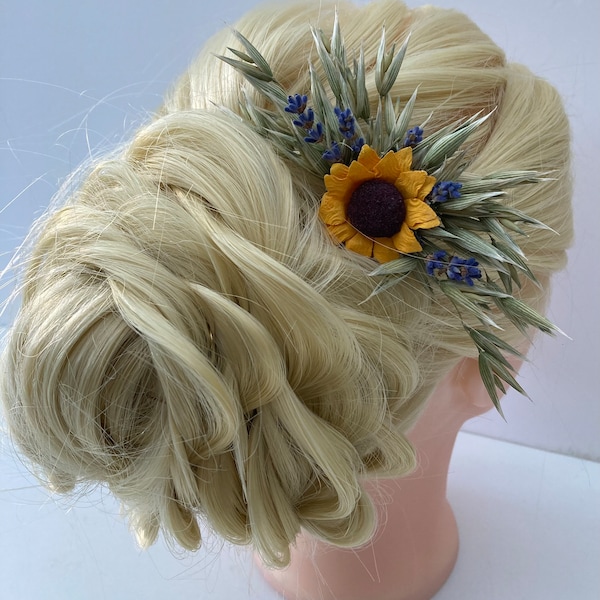 ひまわりのヘアコーム／小花のヘアコーム／ブライダルブライズメイド用フラワーヘアピース／ドライフラワーのヘアコーム／ラベンダーのヘアコーム