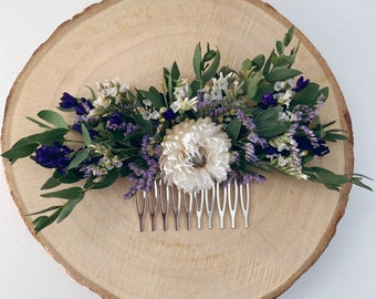 Pettine per capelli con fiori secchi/parrucchino da damigella d'onore da sposa/fogliame di eucalipto/bianco lavanda lilla viola/accessorio floreale per capelli da sposa