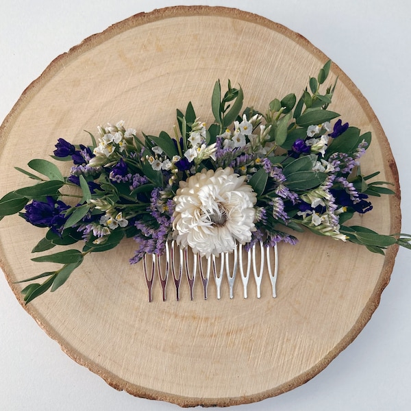 Dried Flower Hair Comb / Bridal Bridesmaid Hairpiece / Eucalyptus Foliage / White Lavender Lilac Purple / Wedding Floral Hair Accessory