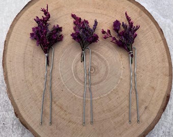 Set of 3 Purple Dried Flower Hair Pins |  Bridal Wedding | Hair Accessory | Gothic Alternative