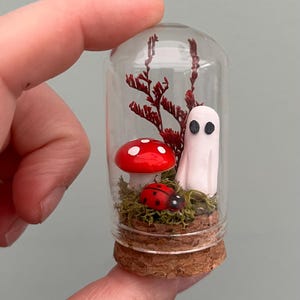 May include: A miniature glass terrarium featuring a red mushroom with white spots, a small white ghost, and a ladybug. The terrarium also contains dried red plants and green moss, all set on a cork base.