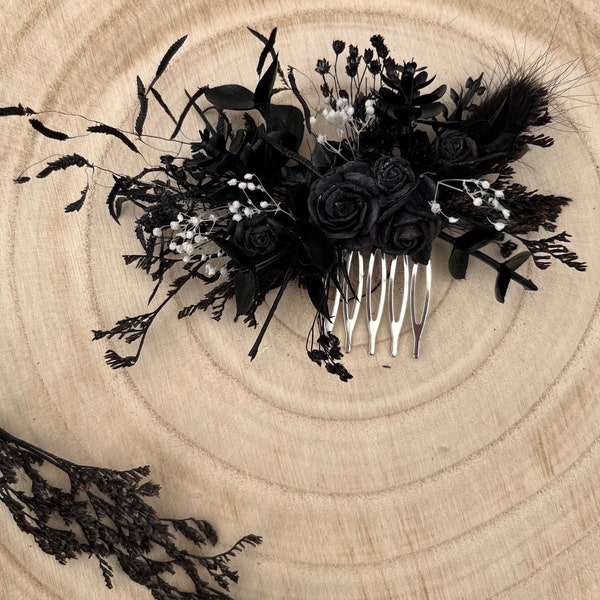 Black flower hair comb / Bride bridesmaid hairpiece / Gothic Goth wedding floral hair accessory / Halloween hair