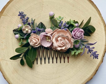 Blush pink, lilac flower hair comb /bridesmaid bridal floral hairpiece / wedding hair accessory