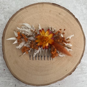 Peineta de flores secas de naranja / Pieza de pelo floral para dama de honor de novia / Accesorio para el cabello de boda / Flores silvestres naturales bohemias / Boda de otoño