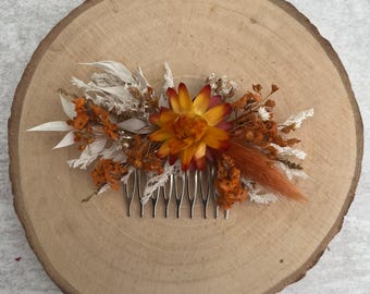 Haarkam met oranje gedroogde bloemen / Haarstukje bruidsmeisje met bloemen / Haaraccessoire bruiloft / Boho natuurlijke wilde bloemen / Herfstbruiloft