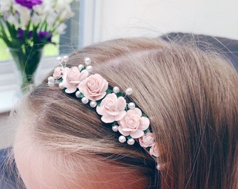 Blush Beaded Flower Girl Headband Crown / Bridesmaid Wedding Hair Piece