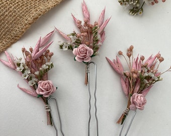 Épingles à cheveux fleurs séchées / Accessoire de cheveux pour demoiselle d'honneur mariée / Postiche floral rose